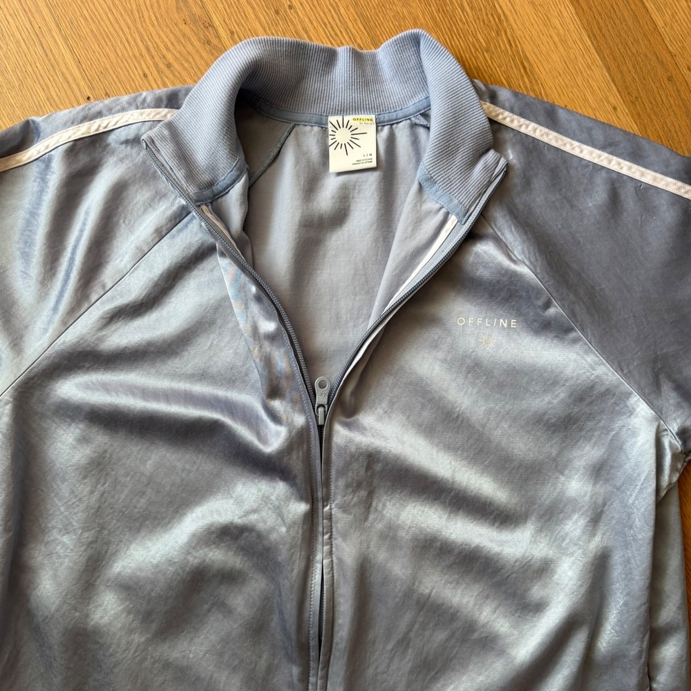 Aerie Offline Women Light Blue‎ Satin Track Jacket Full Zip Striped Sleeve L - Picture 2 of 5